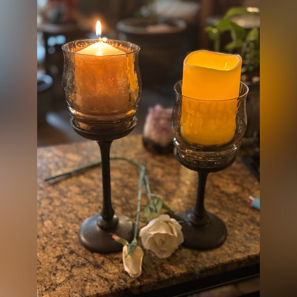 Artisan Hammered Glass & Metal Candle Holder Duo • Altar Décor • Centerpiece